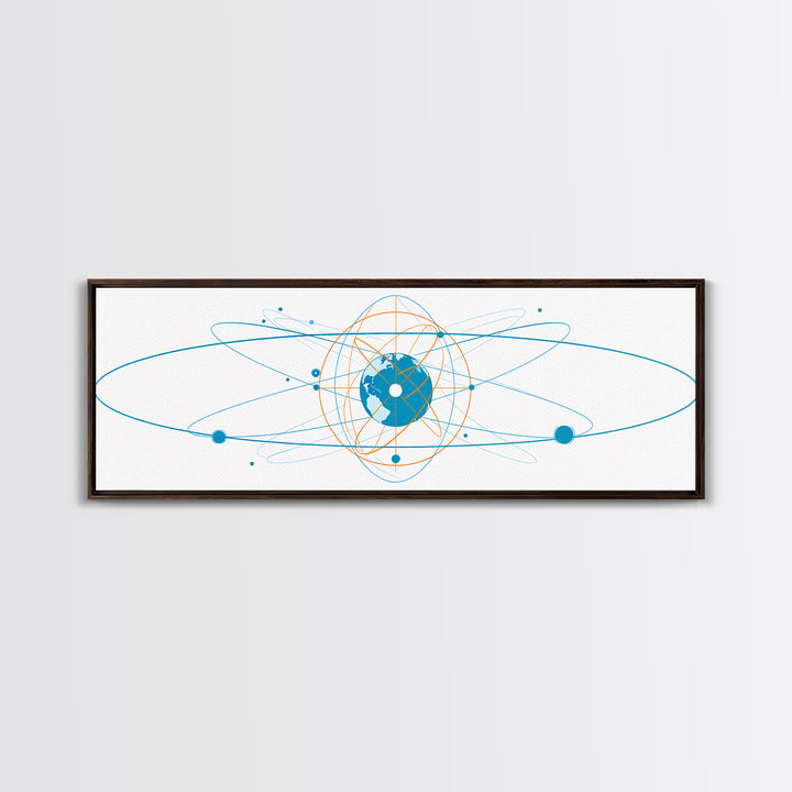 Blue Orange Atomic Globe Orbit Canvas Print, Modern Science Wall Art, Geometric Digital Art, Futuristic Office Decor Print
