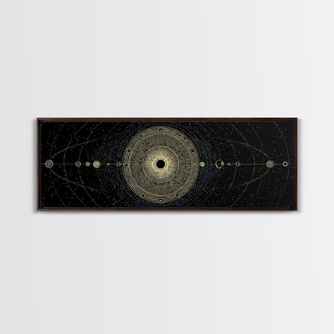 Golden Sacred Geometry Solar System Canvas Print, Celestial Mandala Wall Decor, Luxury Astronomy Poster, Boho Home Decor