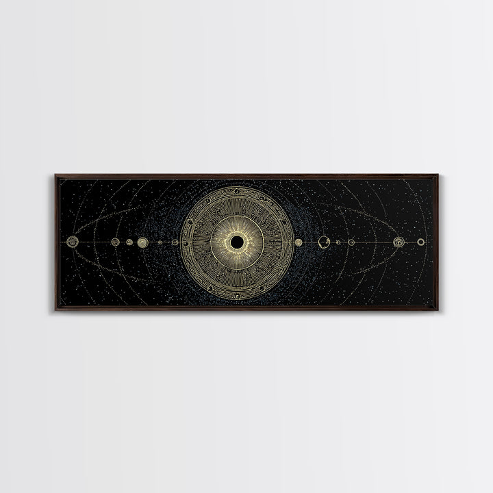 Golden Sacred Geometry Solar System Canvas Print, Celestial Mandala Wall Decor, Luxury Astronomy Poster, Boho Home Decor