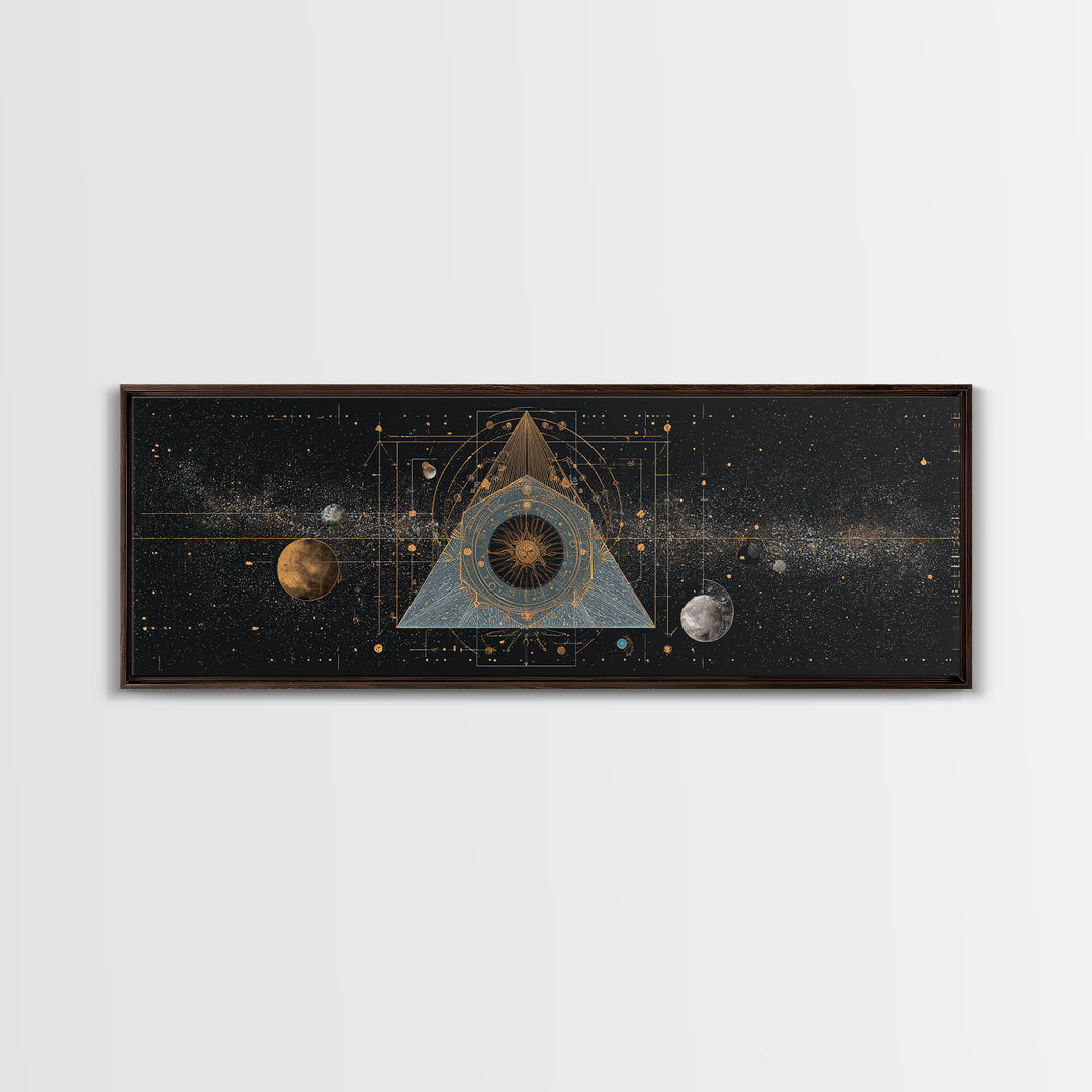 Mystic Planetary Triangle Framed Canvas Print, Gold Celestial Space Wall Art, Sacred Geometry Poster, Modern Home Decor Gift