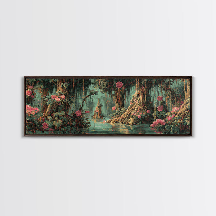 Enchanted Swamp With Pink Blooms Framed Canvas Print, Mystical Jungle Wall Art, Floral Nature Scene, Boho Home Decor Gift
