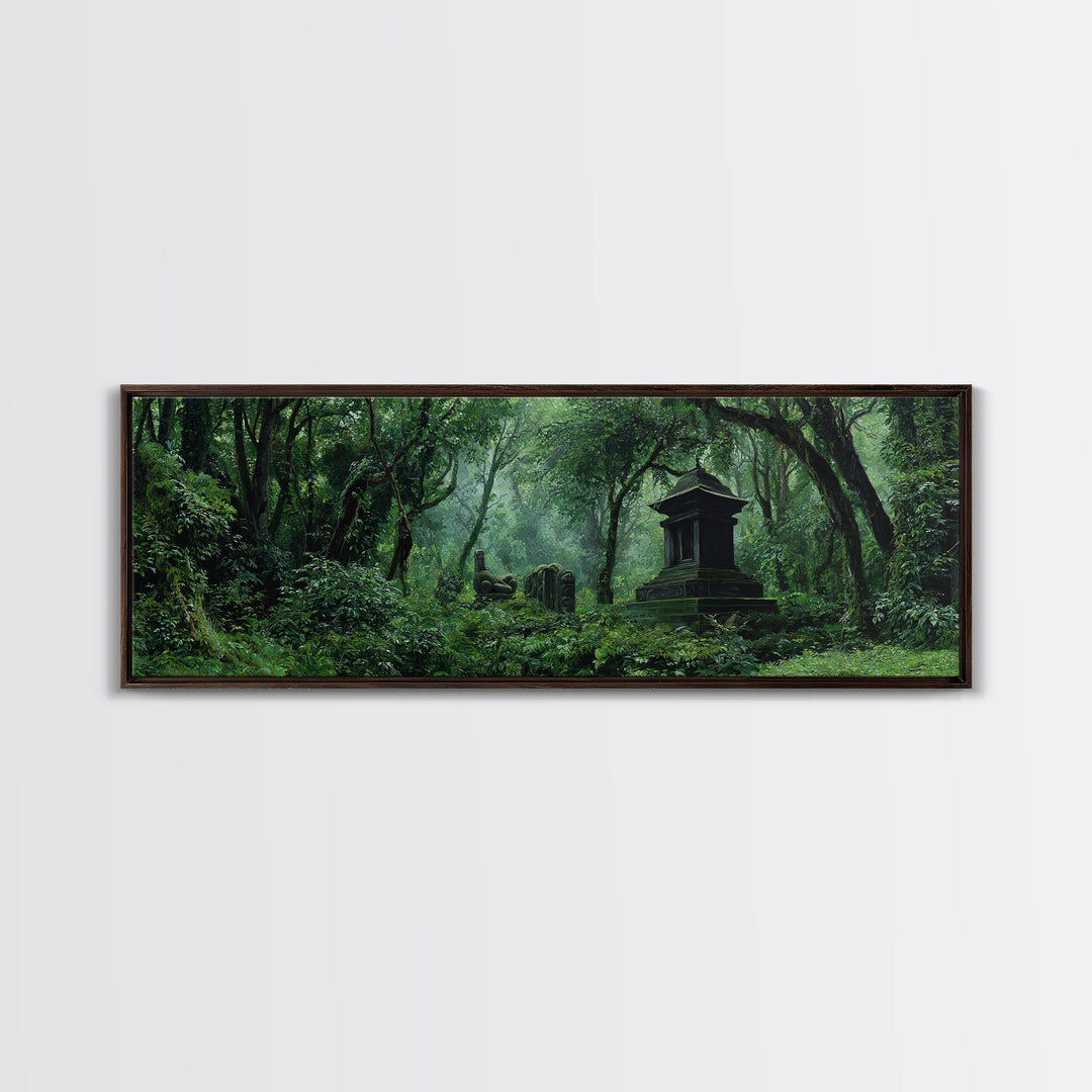 Ancient Jungle Tomb And Forest Ruins Framed Canvas Print, African Landscape, Mystical Wall Art, Dark Green Office Decor Gift