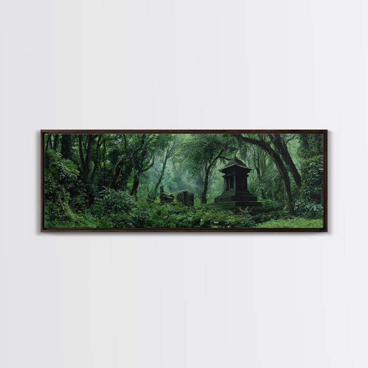 Ancient Jungle Tomb And Forest Ruins Framed Canvas Print, African Landscape, Mystical Wall Art, Dark Green Office Decor Gift