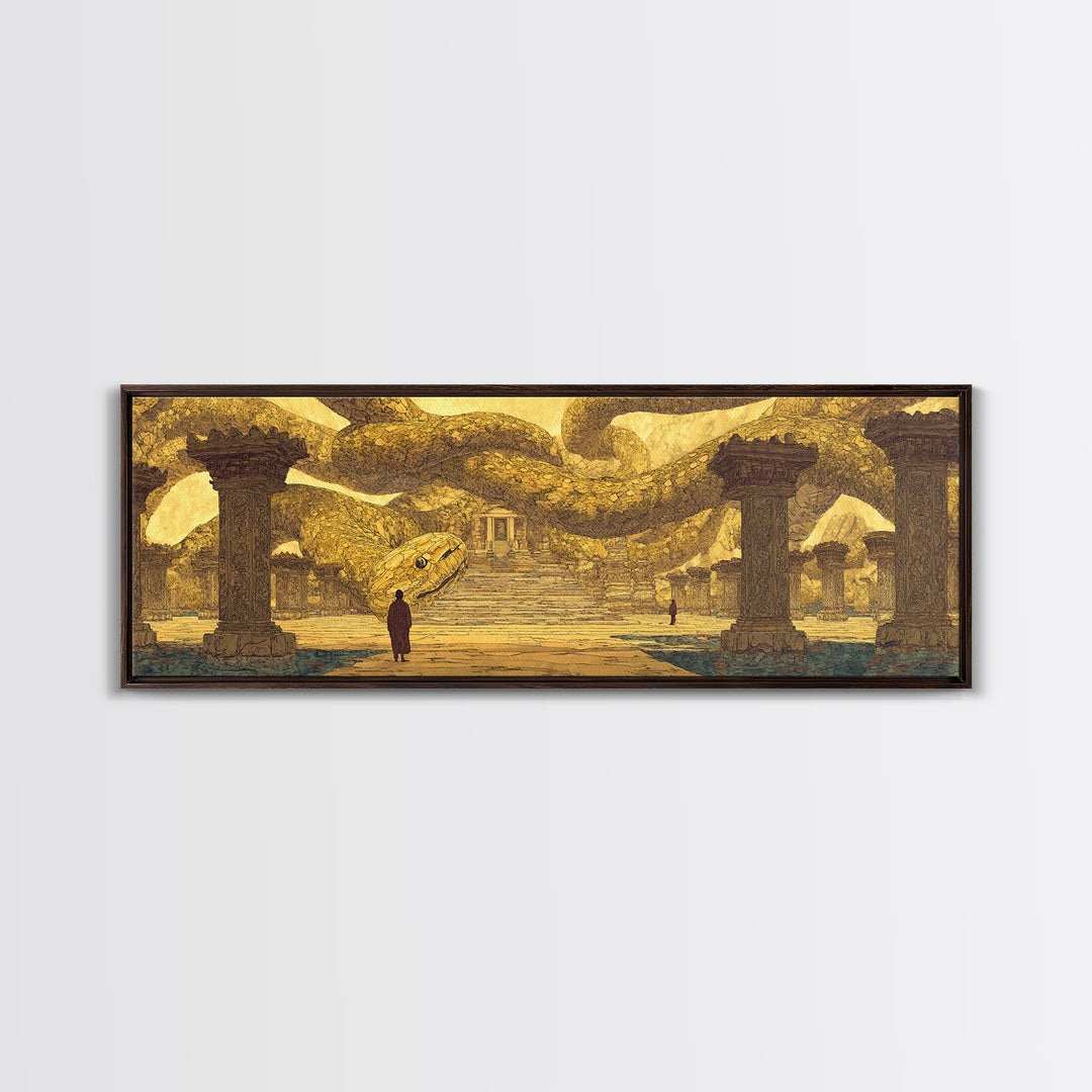 Ancient Golden Serpent Temple Wall Art, African Egyptian Art, Mythic Snake Decor, Luxury Canvas Print For Statement Room