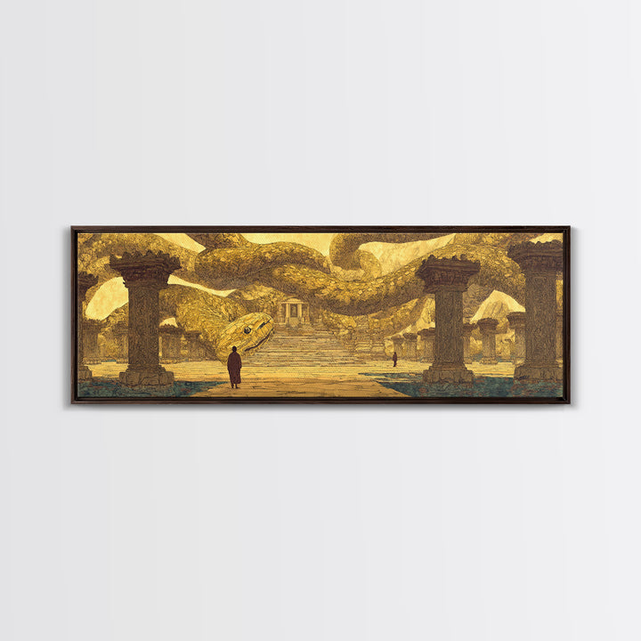 Ancient Golden Serpent Temple Wall Art, African Egyptian Art, Mythic Snake Decor, Luxury Canvas Print For Statement Room