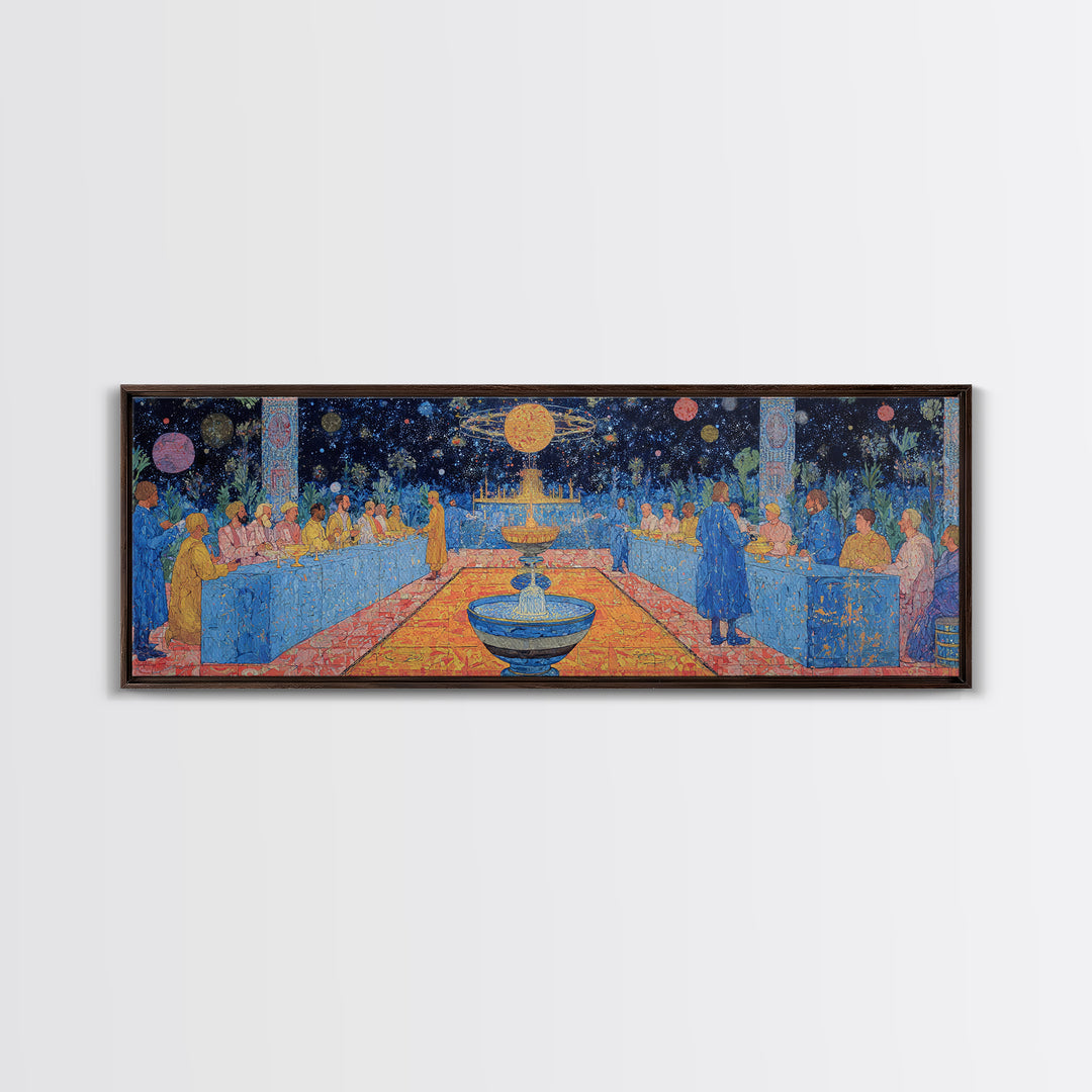 Celestial Banquet And Fountain Garden Canvas Print, African Inspired Wall Art, Dreamy Blue Celebration Decor Gift For Home