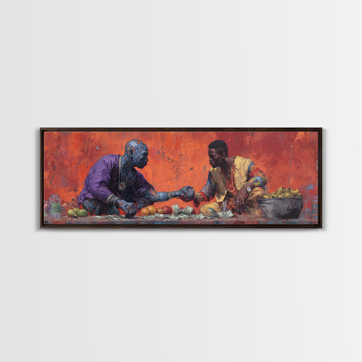 African Market Handshake Scene Canvas Print, African Wall Art, Cultural Art, Orange Painting, Afrocentric Home Decor Gift