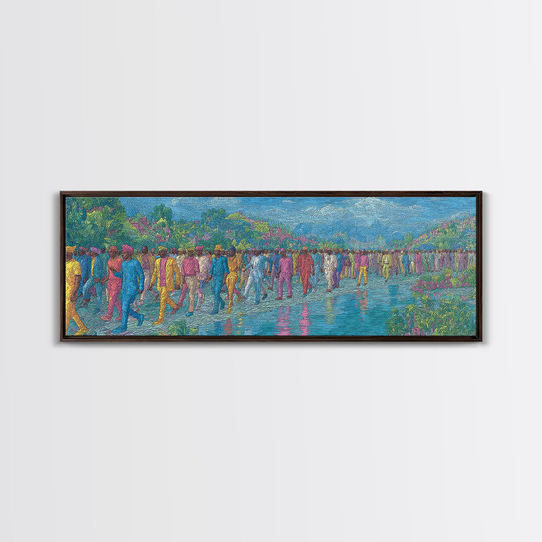 Colorful Riverside Crowd Abstract Wall Art, African Inspired Canvas Print, Modern Art, Vibrant Home Decor, Large Wall Art