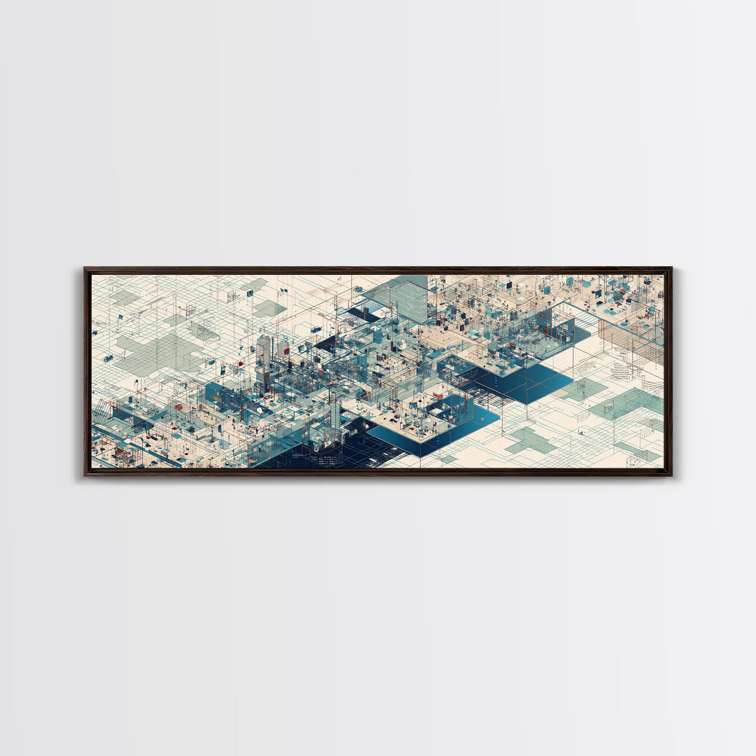 Isometric Futuristic City Grid Wall Art, Digital Art Canvas Print, Modern Office Decor, Geometric Wall Art, Tech Blue Art