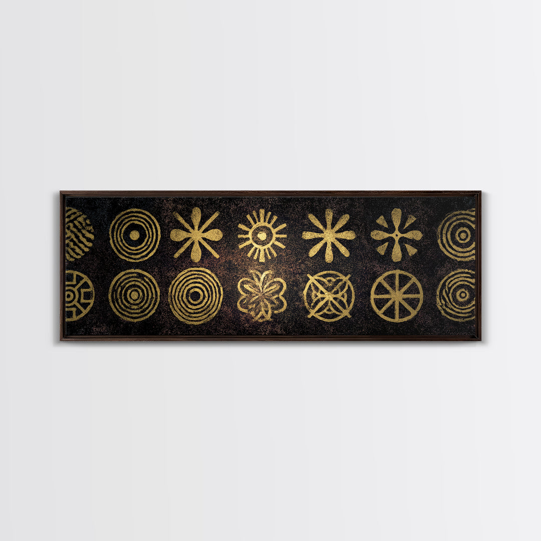 Gold Tribal Symbol Pattern Canvas Print, African Tribal Art, African Patterns, Black And Gold Art, Cultural Wall Decor, Boho Decor