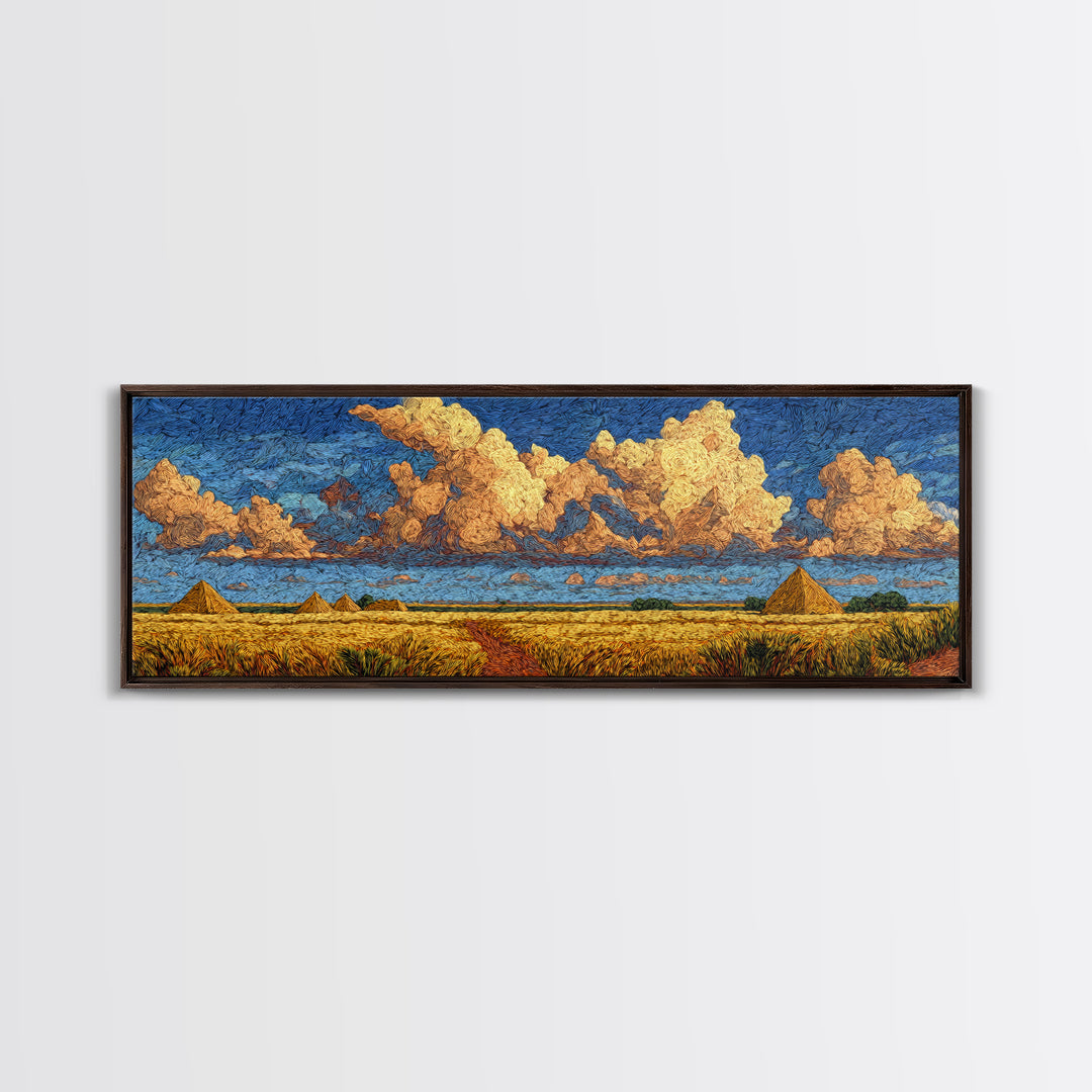 Golden Pyramids Under Textured Clouds Framed Canvas Print, African Egyptian Art, African Landscape, Blue And Gold Canvas, Decor