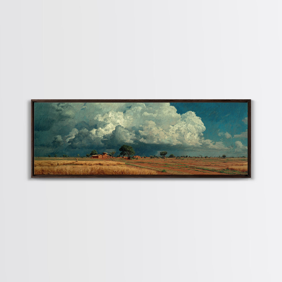 Rustic Farmhouse Beneath Towering Clouds Canvas Print, African Landscape, Earth Tone Wall Art, Nature Scene Art, Home Decor