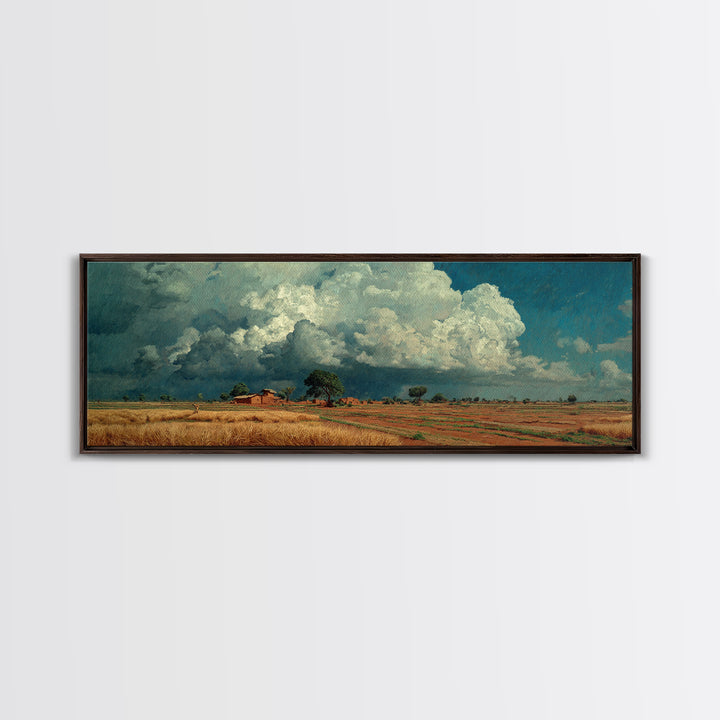 Rustic Farmhouse Beneath Towering Clouds Canvas Print, African Landscape, Earth Tone Wall Art, Nature Scene Art, Home Decor
