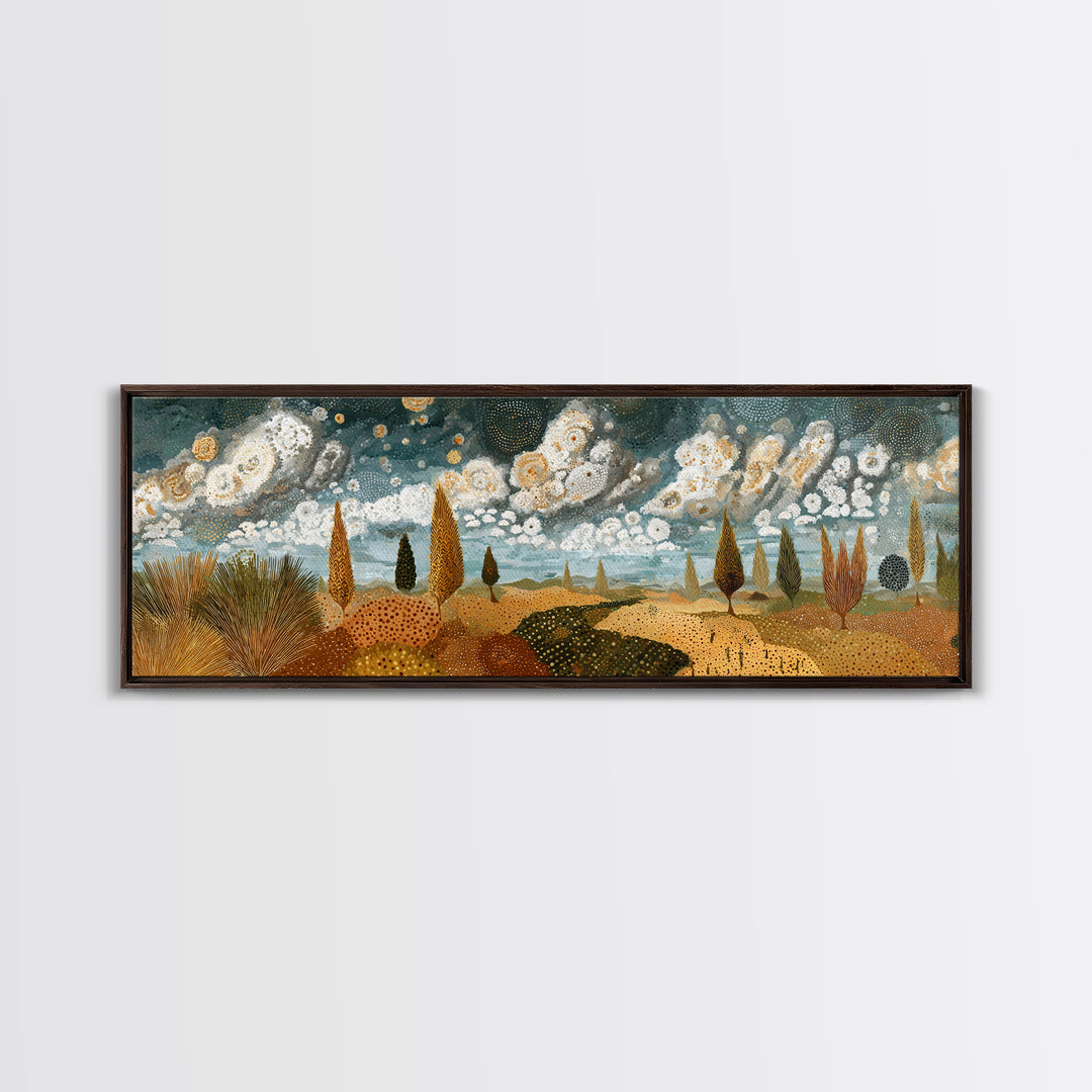 Golden African Savanna Hills Wall Art, Abstract Storm Cloud Landscape, Earth Tone Canvas Decor, Boho Living Room Art Print