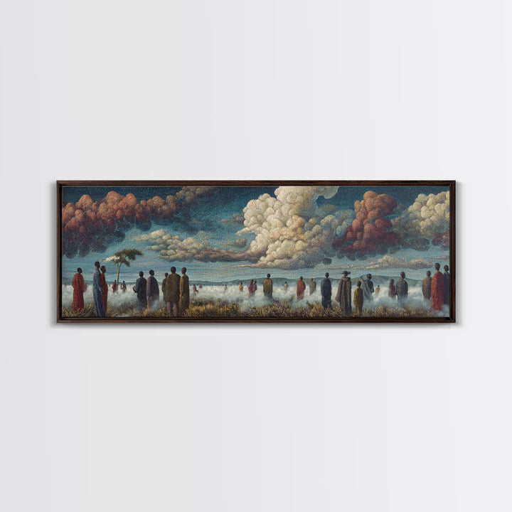Misty African Gathering Wall Art, Dramatic Cloud Lake Landscape, Afrocentric Canvas Decor, Cultural Living Room Print Gift