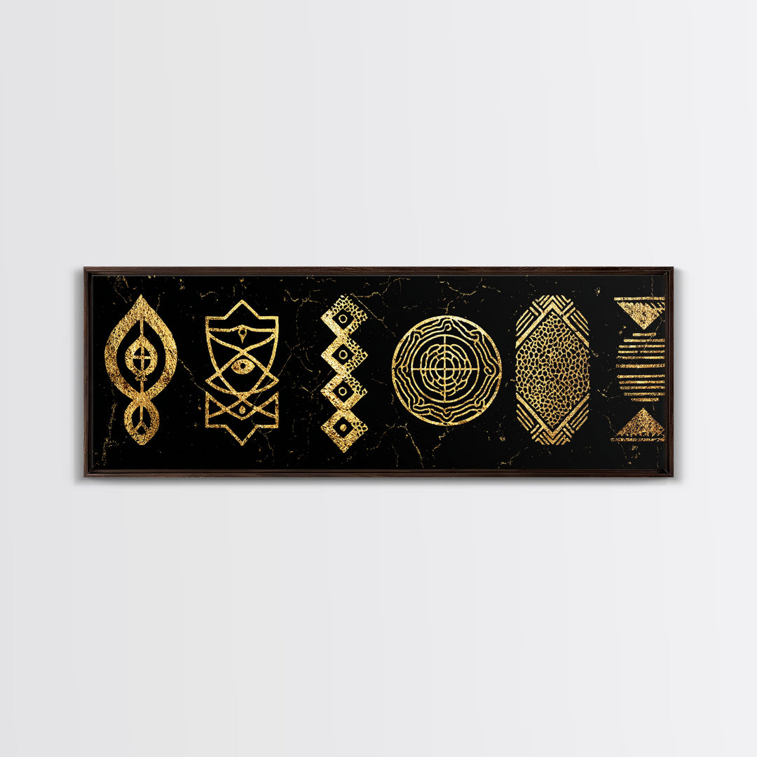 Gold Tribal Symbols Canvas Print, African Geometric Pattern Wall Decor, Abstract Black And Gold Art, Modern Ethnic Decor