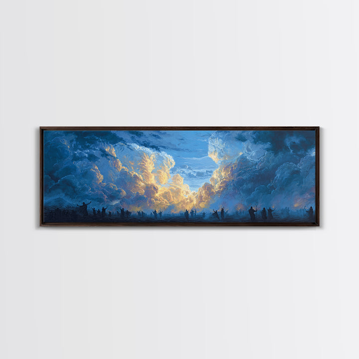 Glowing Sky Celebration Canvas Print, African Spiritual Wall Decor, Blue Gold Cloud Landscape, Afrocentric Home Decor Gift