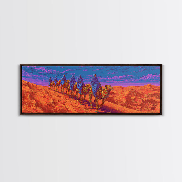 Vibrant Camel Caravan In Orange Desert Mountains, African Safari Art Canvas Print, Serengeti Wall Decor, Travel Gift, Unique Home Decor