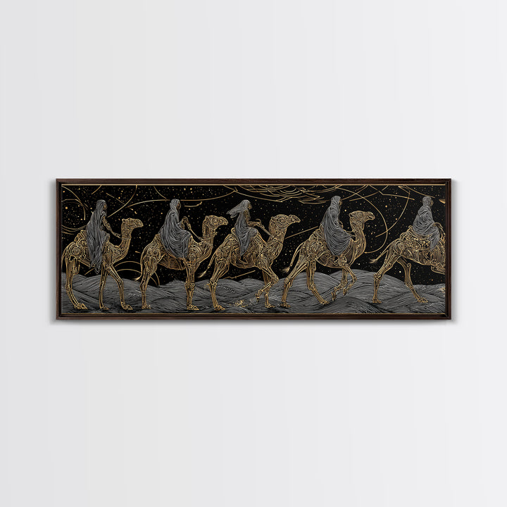 Gold Line Camel Caravan Under Celestial Night, African Safari Art Canvas Print, Black And Gold Art, Bohemian Wall Decor Gift