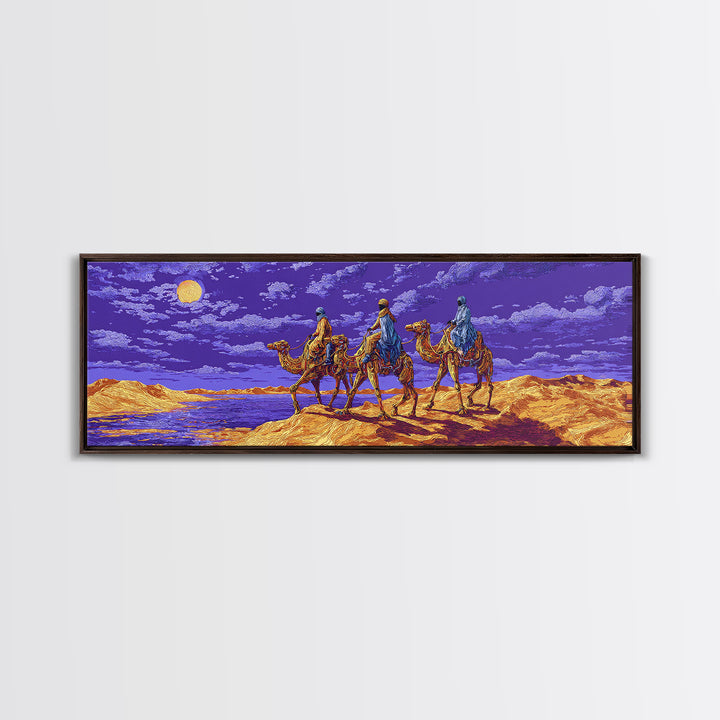 Moonlit Camel Caravan Across Purple Dunes, African Safari Art Framed Canvas Print, Dreamy Wall Art, Unique Home Decor Gift