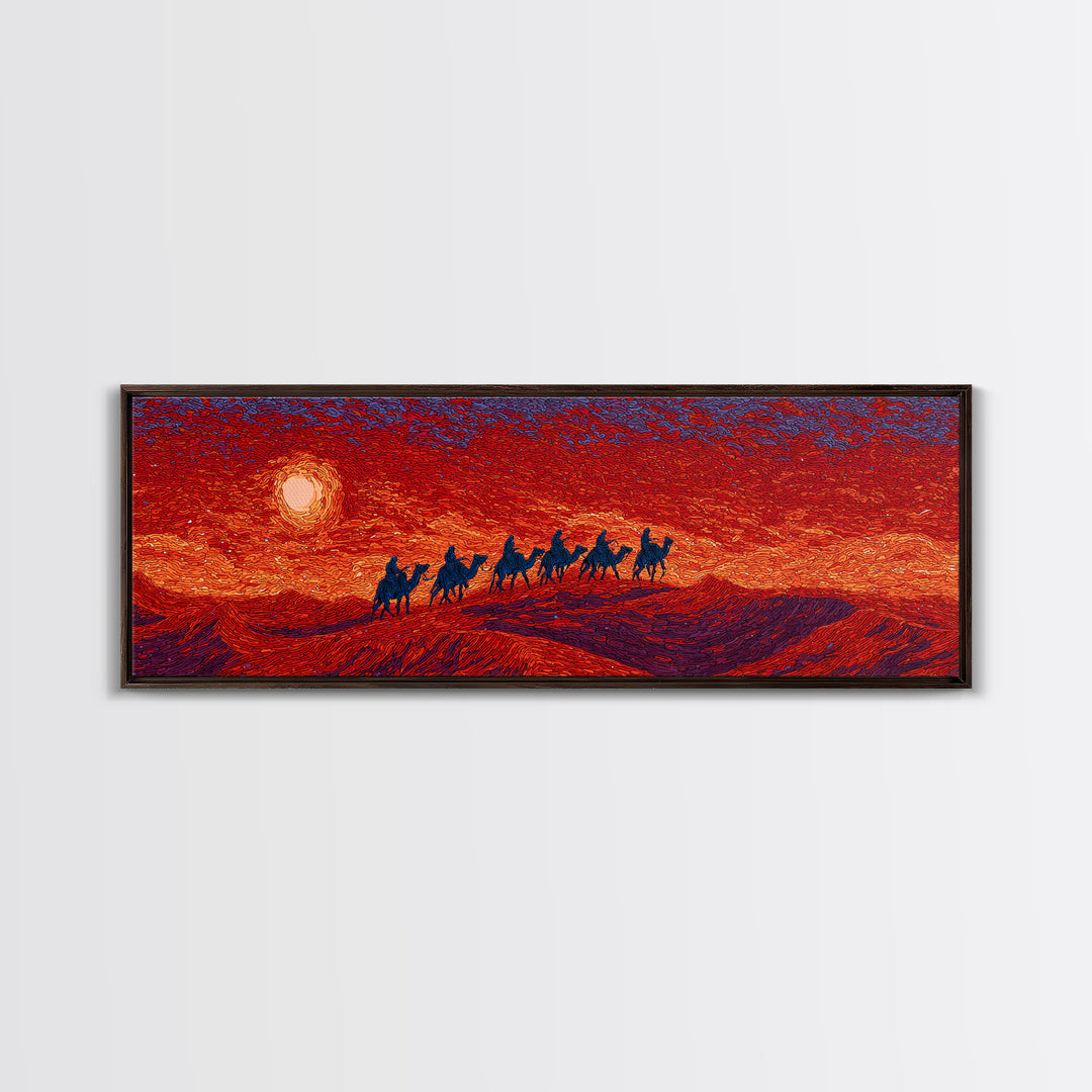 Fiery Sunset Camel Caravan Silhouettes Over Dunes, African Safari Art Canvas Print, Burnt Orange Wall Decor, Travel Gift
