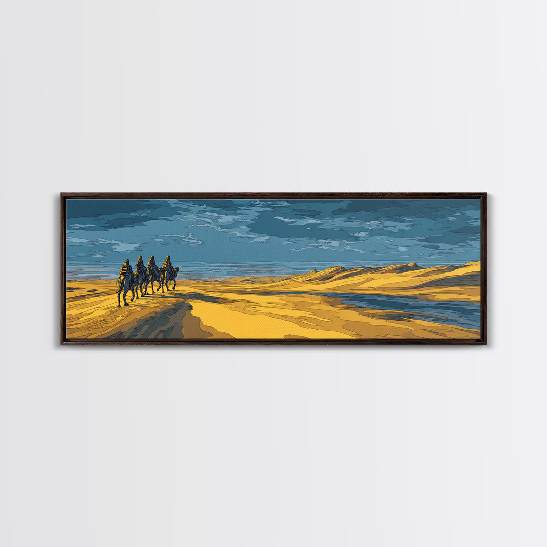 Blue And Gold Desert Riders By Water, African Safari Art Wall Art, Serengeti Landscape, Modern Home Decor, Unique Travel Gift
