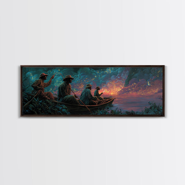Stormy River Fishermen At Twilight Framed Canvas Print, African Landscape Wall Decor, Moody Safari Art, Unique Home Decor