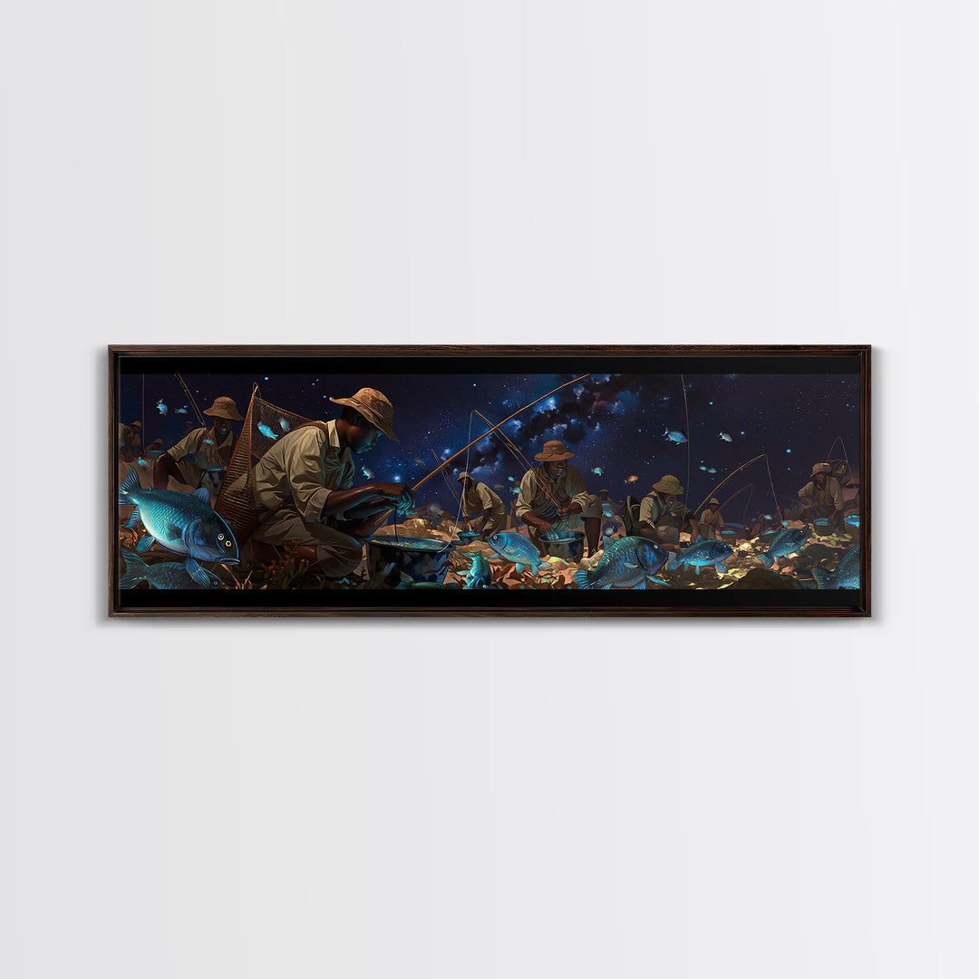 Glowing Blue Fish Night Market Canvas Print, African Fishermen Wall Art, Afrofuturism Decor, Contemporary Gallery Art Gift