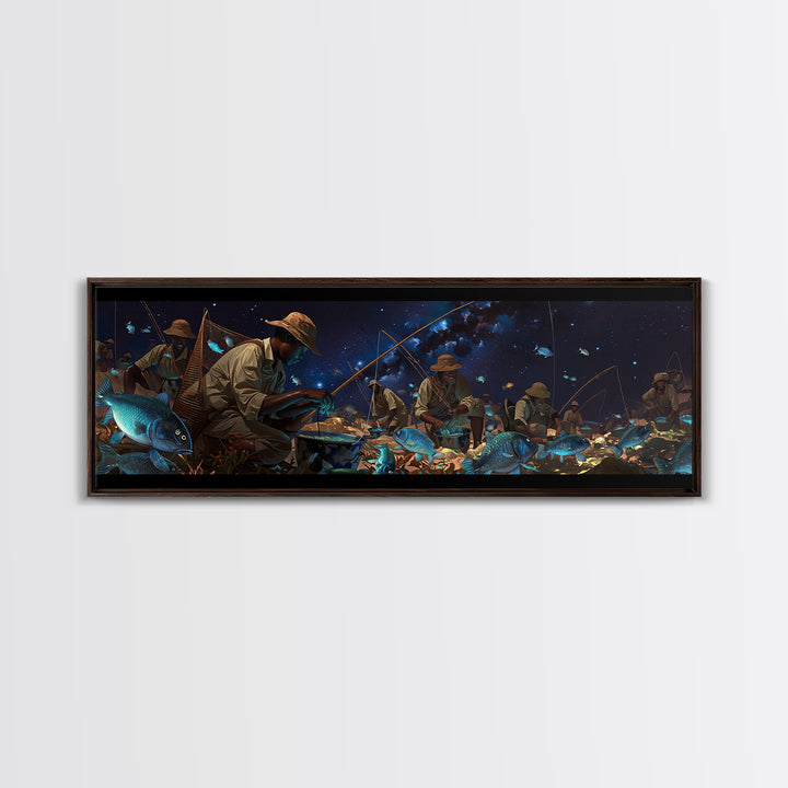 Glowing Blue Fish Night Market Canvas Print, African Fishermen Wall Art, Afrofuturism Decor, Contemporary Gallery Art Gift