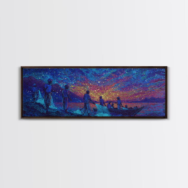 Stargazing Fishermen At Shore Canvas Print, African Wall Art, Vibrant Blue Purple Night, Afrocentric Unique Home Decor Gift
