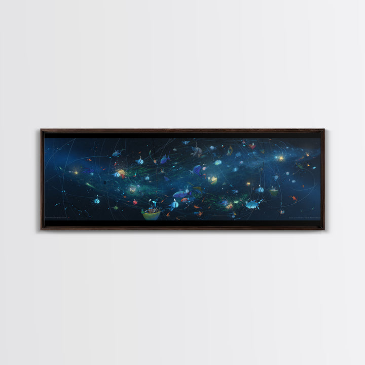 Cosmic Ocean Fish And Nets Wall Art, Dreamy Canvas Print, African Inspired Underwater Scene, Modern Blue Home Decor Gift
