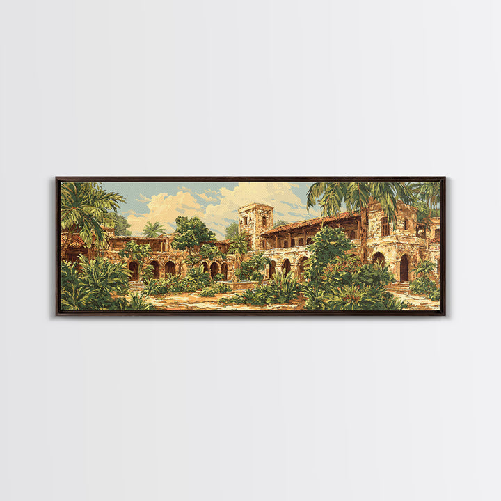 Tropical Courtyard Ruins With Palms Wall Art, African Inspired Landscape, Boho Home Decor, Living Room Canvas Print, Statement Wall Decor