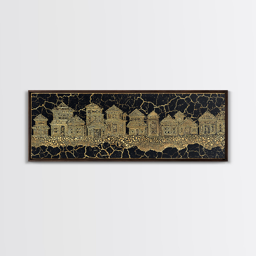 Gold Line Village On Cracked Black Wall Art, African Tribal Art, Ethnic Wall Decor, Modern Canvas Print, Cultural Home Decor