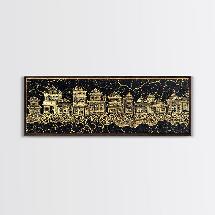 Gold Line Village On Cracked Black Wall Art, African Tribal Art, Ethnic Wall Decor, Modern Canvas Print, Cultural Home Decor