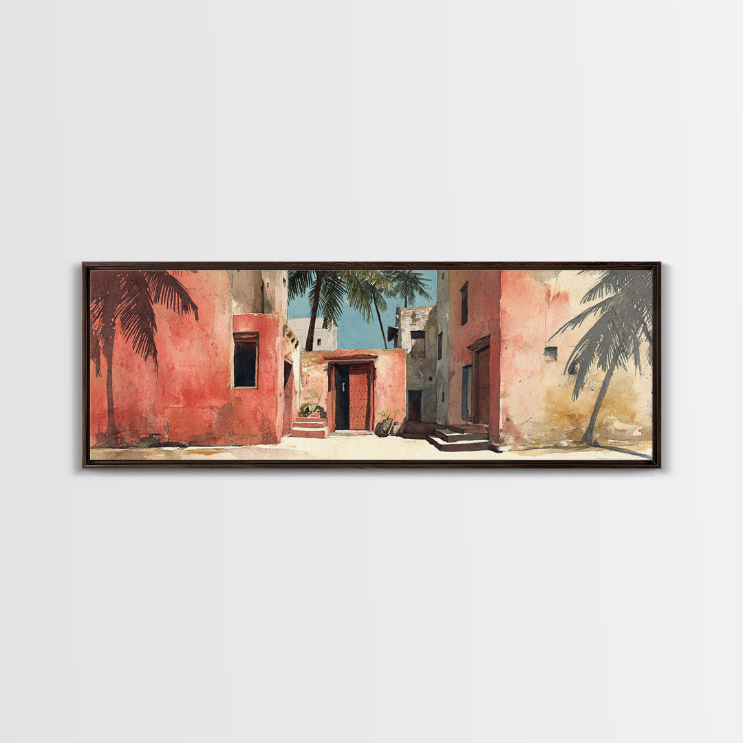 Sunlit Coral Adobe Alley With Palms Canvas Print, Moroccan Travel Poster, African Inspired Wall Art, Boho Bedroom Decor Gift