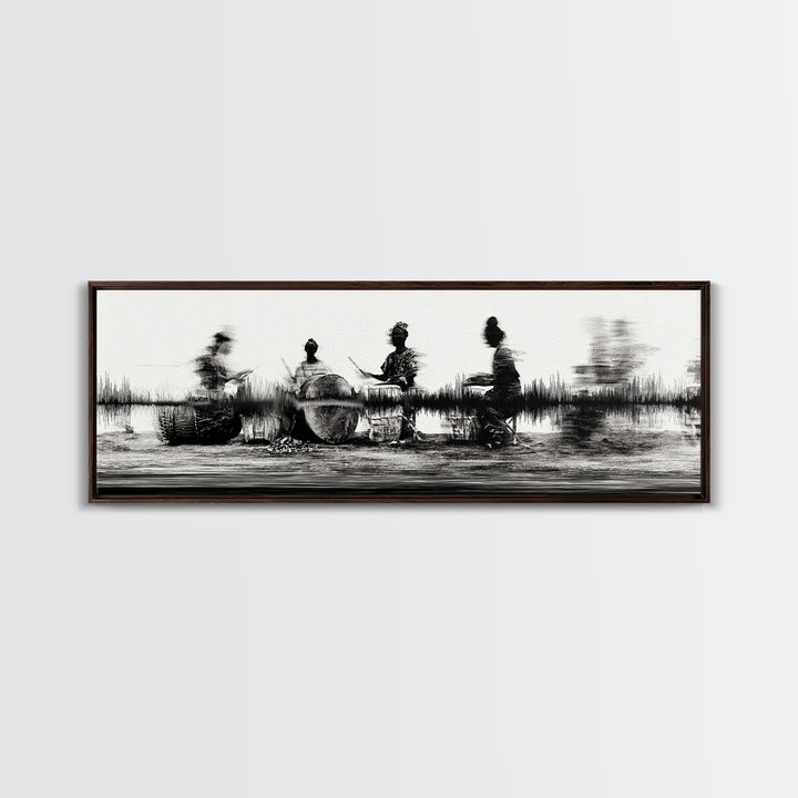 Black And White African Drummers Silhouette Wall Art, Tribal Music Decor, Afrocentric Canvas Print, Cultural Living Room Art