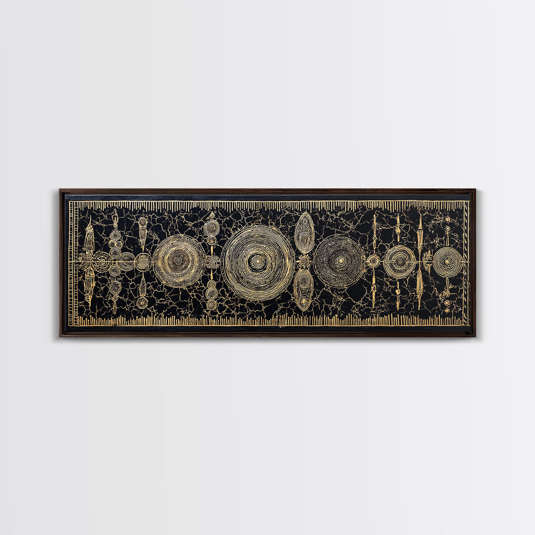 Gold Tribal Shields And Woven Kuba Patterns Framed Canvas Print, African Wall Decor, Ethnic Black Gold Cultural Art For Home