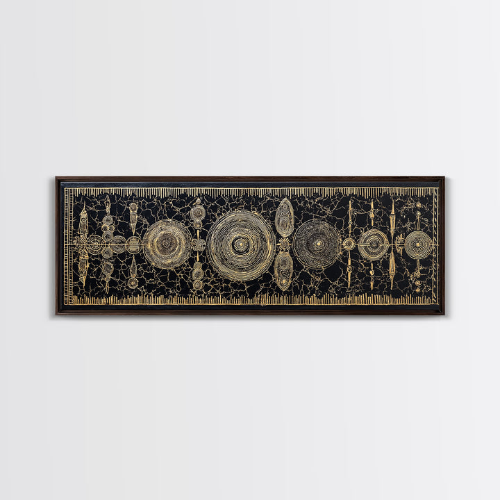 Gold Tribal Shields And Woven Kuba Patterns Framed Canvas Print, African Wall Decor, Ethnic Black Gold Cultural Art For Home