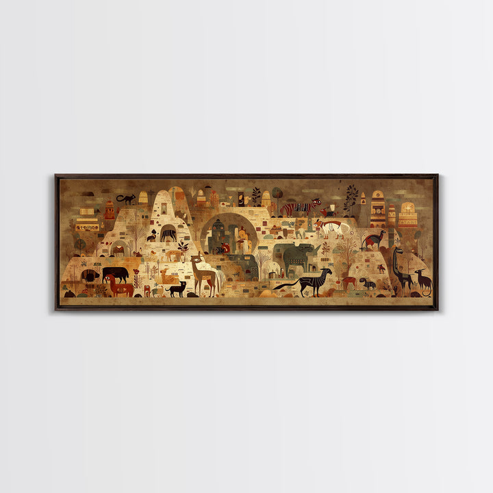 Ancient African Village With Wildlife And Huts Canvas Print, Safari Landscape Wall Decor, Tribal Culture Art For Living Room