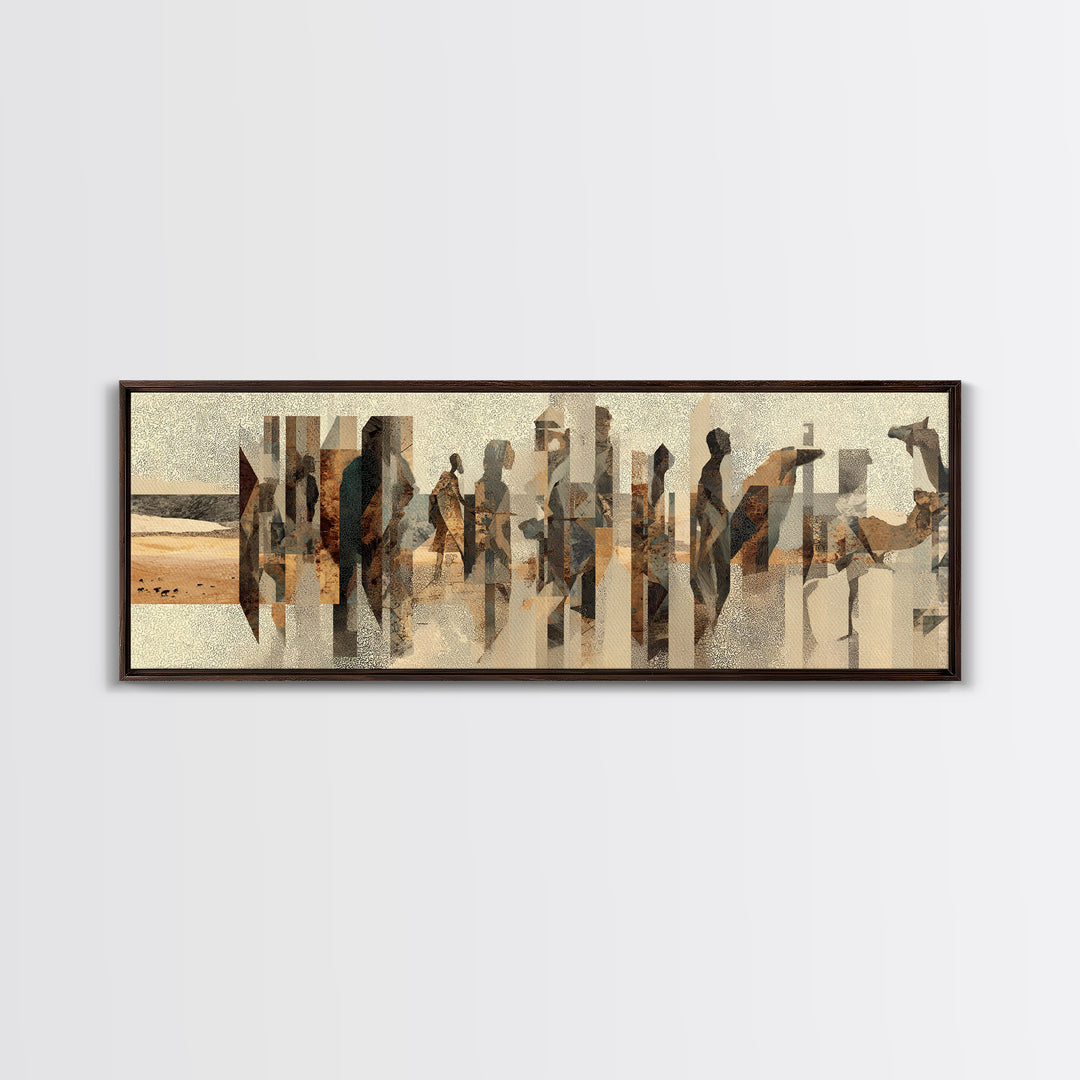 Abstract Desert Caravan With African Women Silhouettes Canvas Print, Minimalist Earth Tone Wall Decor, Cultural Portrait Art