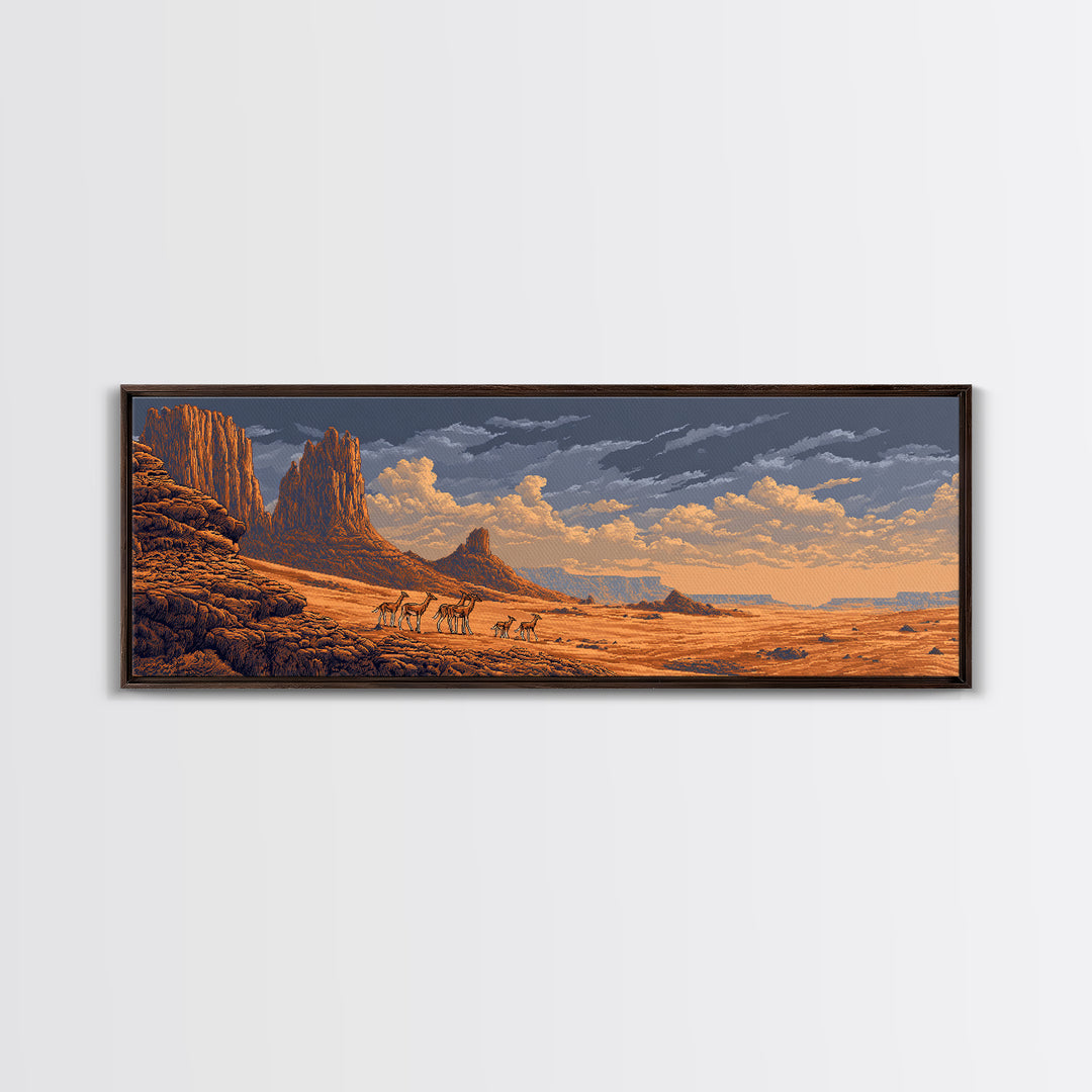 Golden Desert Safari With Antelope Herds And Mesas Wall Art, African Landscape Decor, Serengeti Inspired Canvas Print Gift