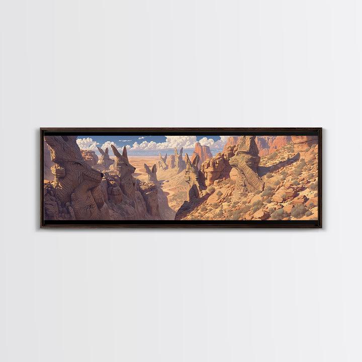 Carved Canyon Faces And Monument Valley Cliffs Wall Art, African Inspired Tribal Landscape Decor, Fantasy Canvas Print Gift