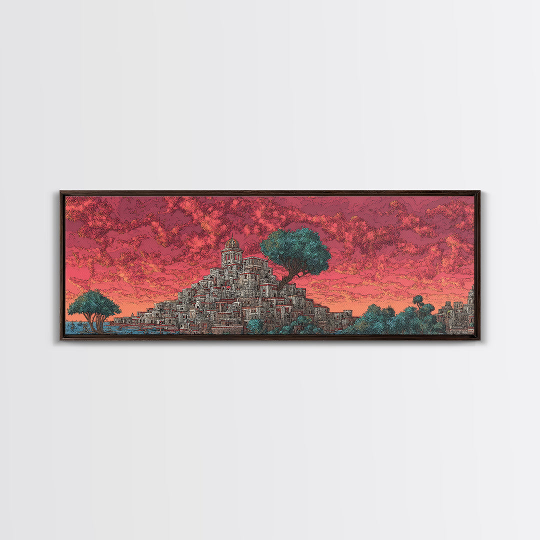 Ancient Stepped City Under Coral Sky Canvas Print, African Inspired Architecture Wall Decor, Mystical Travel Art For Home