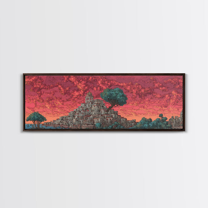 Ancient Stepped City Under Coral Sky Canvas Print, African Inspired Architecture Wall Decor, Mystical Travel Art For Home