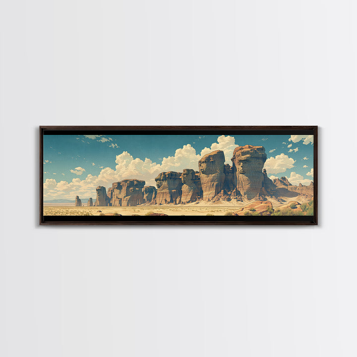 Weathered Desert Monoliths And Sunlit Sand Cliffs Framed Canvas Print, African Landscape Wall Decor, Large Safari Art Gift