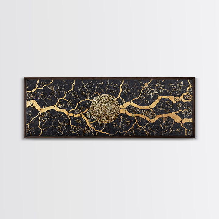 Black Gold Cracked Marble Medallion Wall Art, Luxury Abstract Wall Art, Modern Canvas Art, Elegant Home Decor Gift, Statement Wall Decor