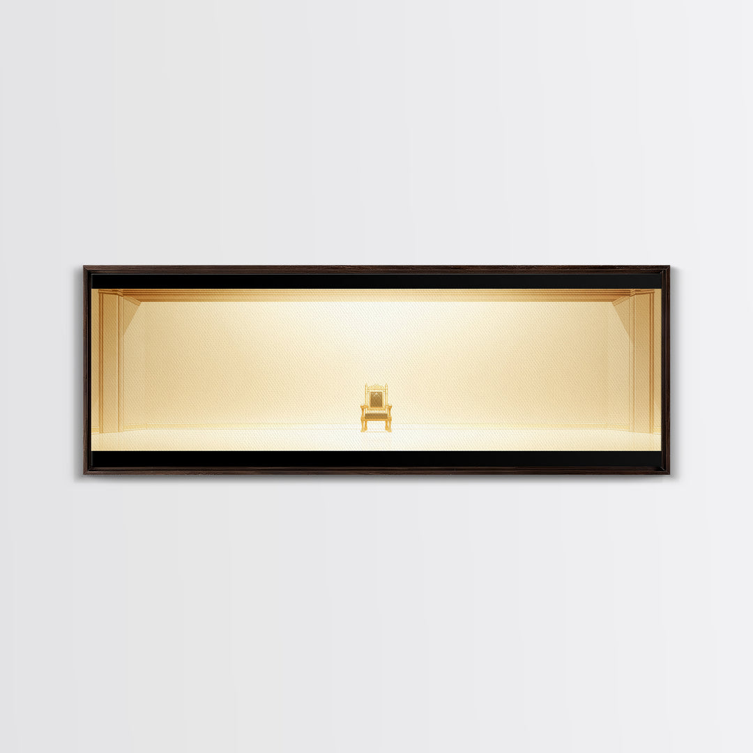 Minimal Golden Throne In Luminous Hall Framed Canvas Print, Minimalist Wall Art, Luxury Art, Elegant Home Decor Gift, Ready To Hang Art