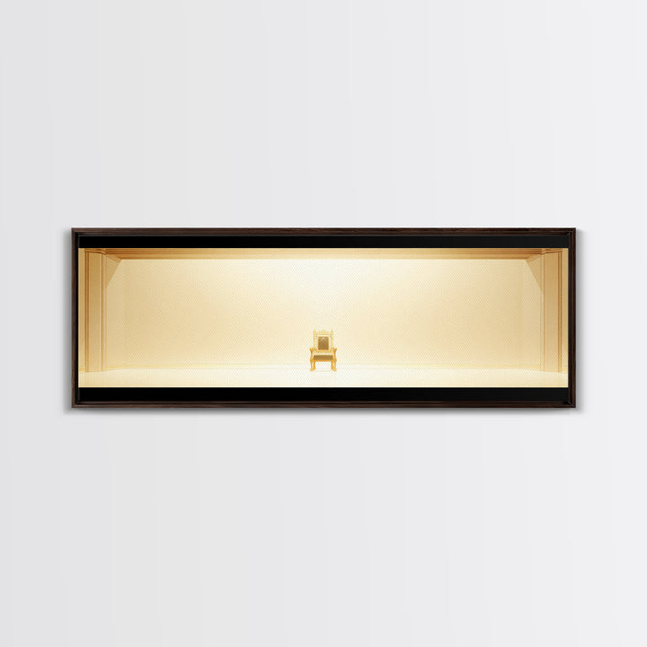 Minimal Golden Throne In Luminous Hall Framed Canvas Print, Minimalist Wall Art, Luxury Art, Elegant Home Decor Gift, Ready To Hang Art