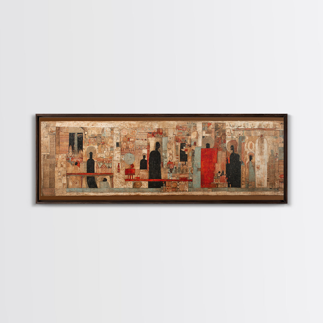 Ancient Textured Mural With Silhouetted Figures Wall Art, Cultural Wall Art, Ethnic Art Print, Abstract African Art Decor