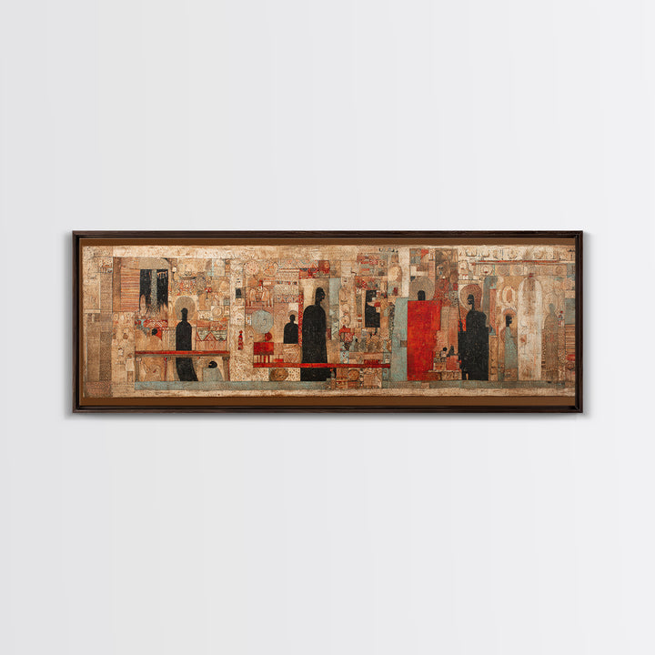 Ancient Textured Mural With Silhouetted Figures Wall Art, Cultural Wall Art, Ethnic Art Print, Abstract African Art Decor